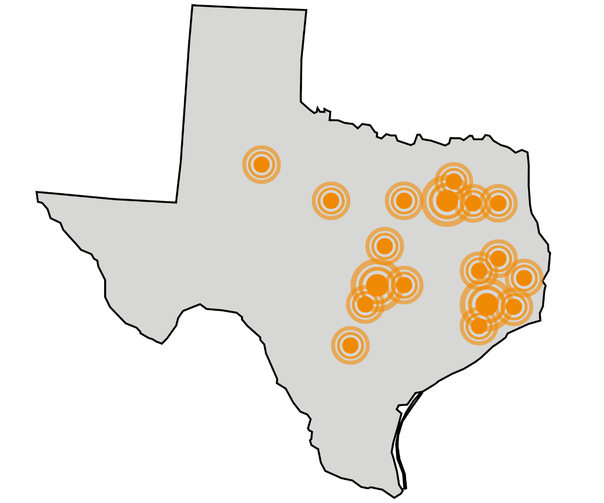 Texas Locations Map of our coverage locations in Texas